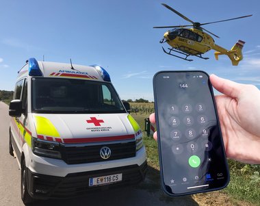 Einblendung eines Handys, bei dem gerade der Notruf 144 gewählt wird, im Hintergrund ist ein Rettungsauto vom Roten Kreuz und ein ÖAMTC Rettungshubschrauber