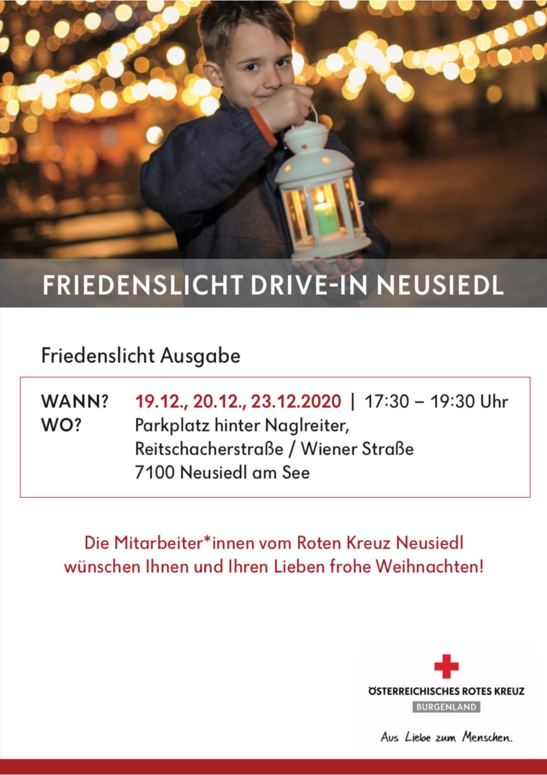 Friedenslicht - Flyer Das Plakat mit den Informationen zur Friedenslicht-Aktion 2020 des Roten Kreuz Neusiedl am See