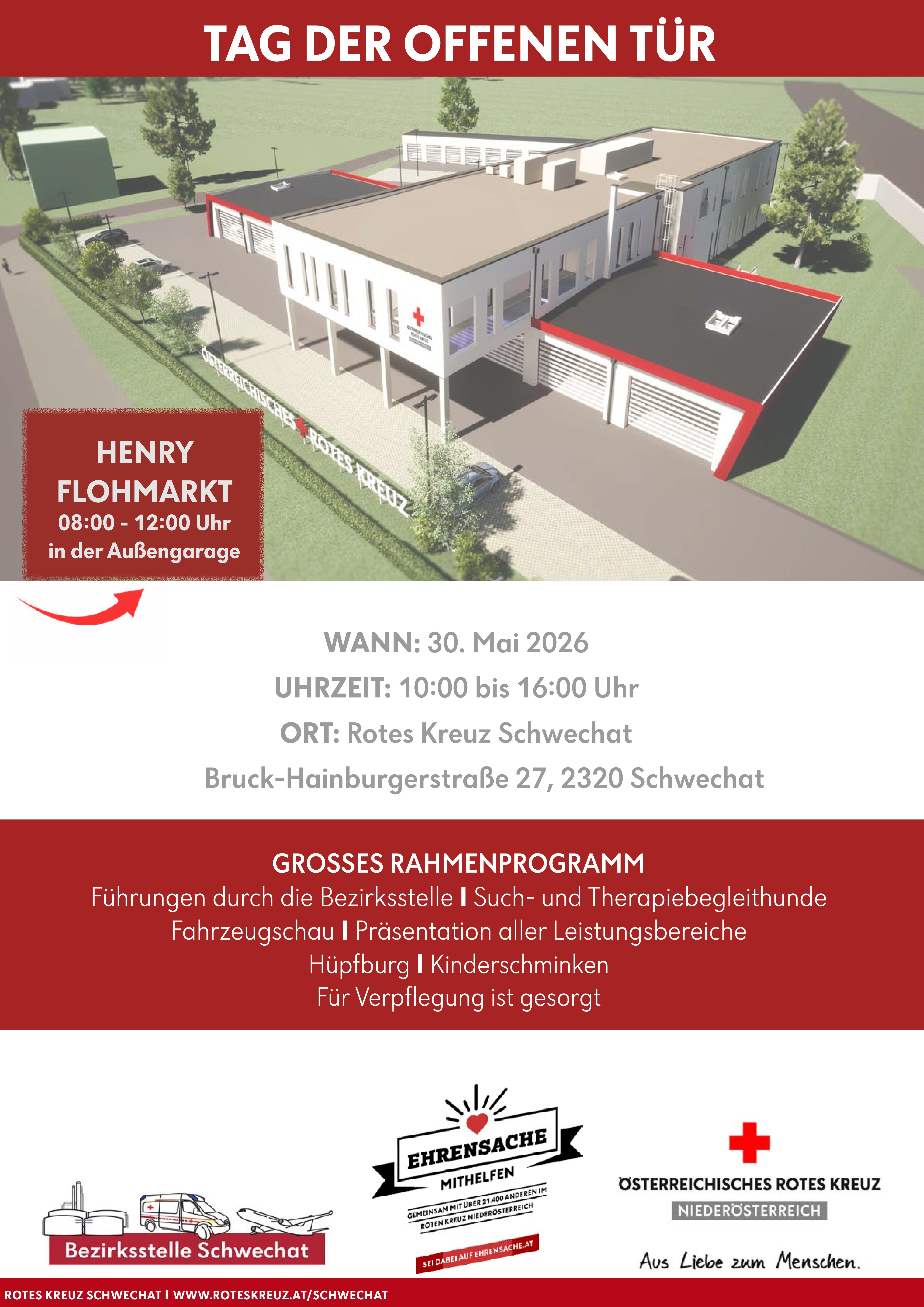 Plakat zum Tag der offenen Tür des Roten Kreuzes Schwechat am 30. Mai 2026 mit Informationen zu Programm und Veranstaltungsort.