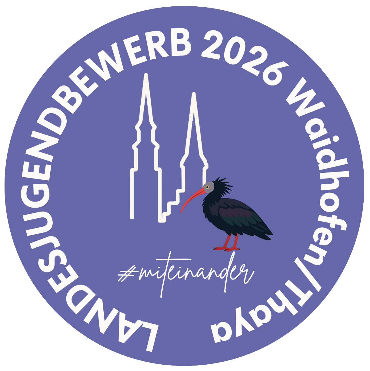 Das Logo zum Niederösterreichischen Jugendbewerb 2026 zeigt einen Waldrapp sowie die Umrisse von Rathauses und der Kirche von Waidhofen/Thaya auf einem violetten Untergrund.