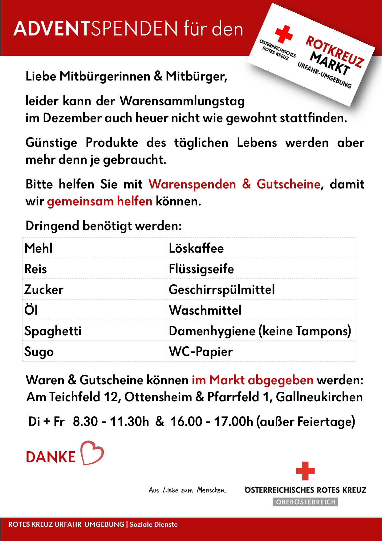 Adventspenden für die Rotkreuz-Märkte Urfahr-Umgebung, 2021 - © RK UU Plakat mit der Bitte an alle Mitbürgerinnen und Mitbürger, Waren oder Gutscheine zu spenden