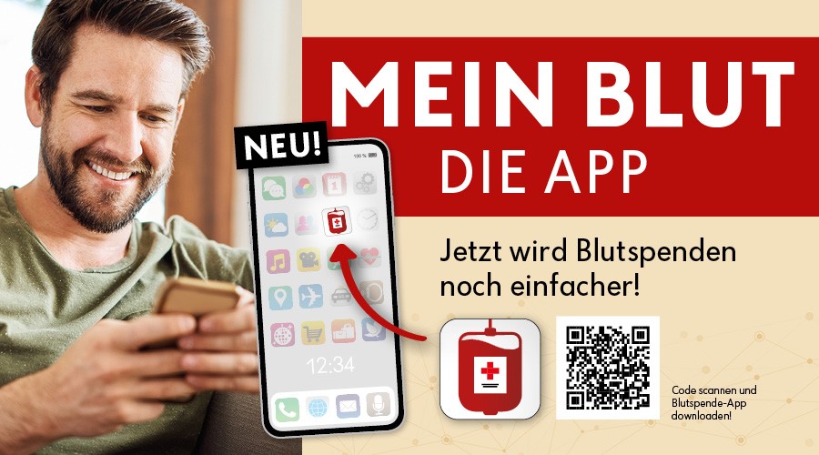 Header Image Mein Blut Ein Mann mit seinem Handy in der Hand wählt die neue Blutspende App - Mein Blut aus