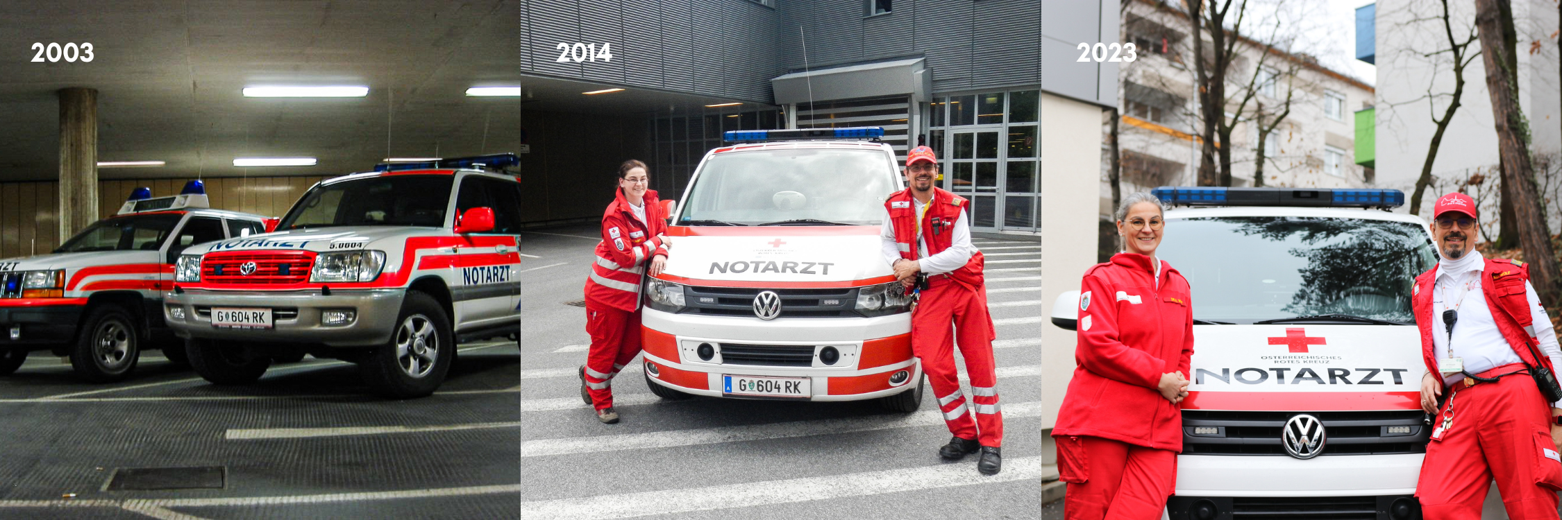 NEF West - 20 Jahre - © Rotes Kreuz Graz-Stadt/ K. Wolf; A. Danglmaier Kerstin und Klaus-Dieter Wolf stehen zusammen vor einem Notarztfahrzeug.