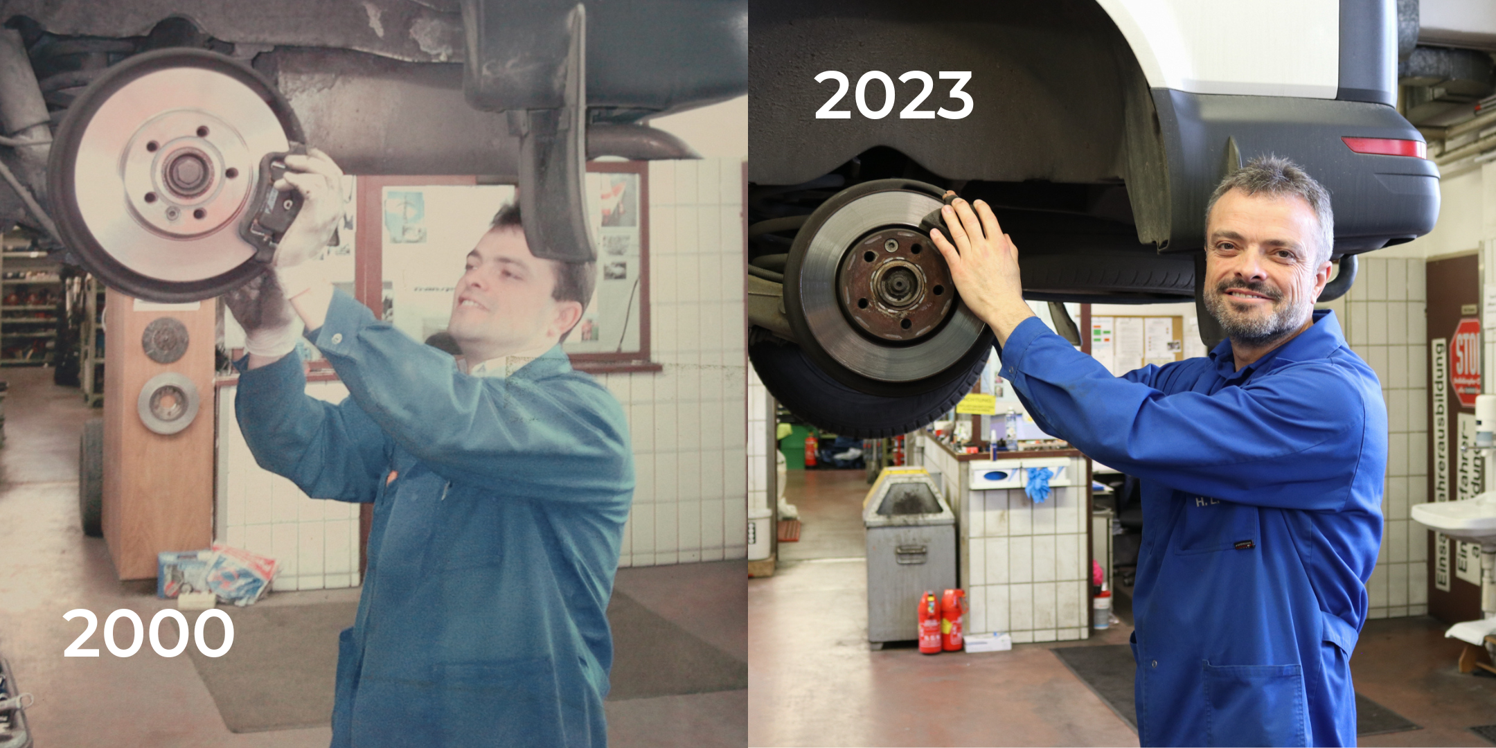 Hannes Luttenberger beim Reifenwechseln. Das Bild zeigt einen Vergleich von 1993 und 2023.