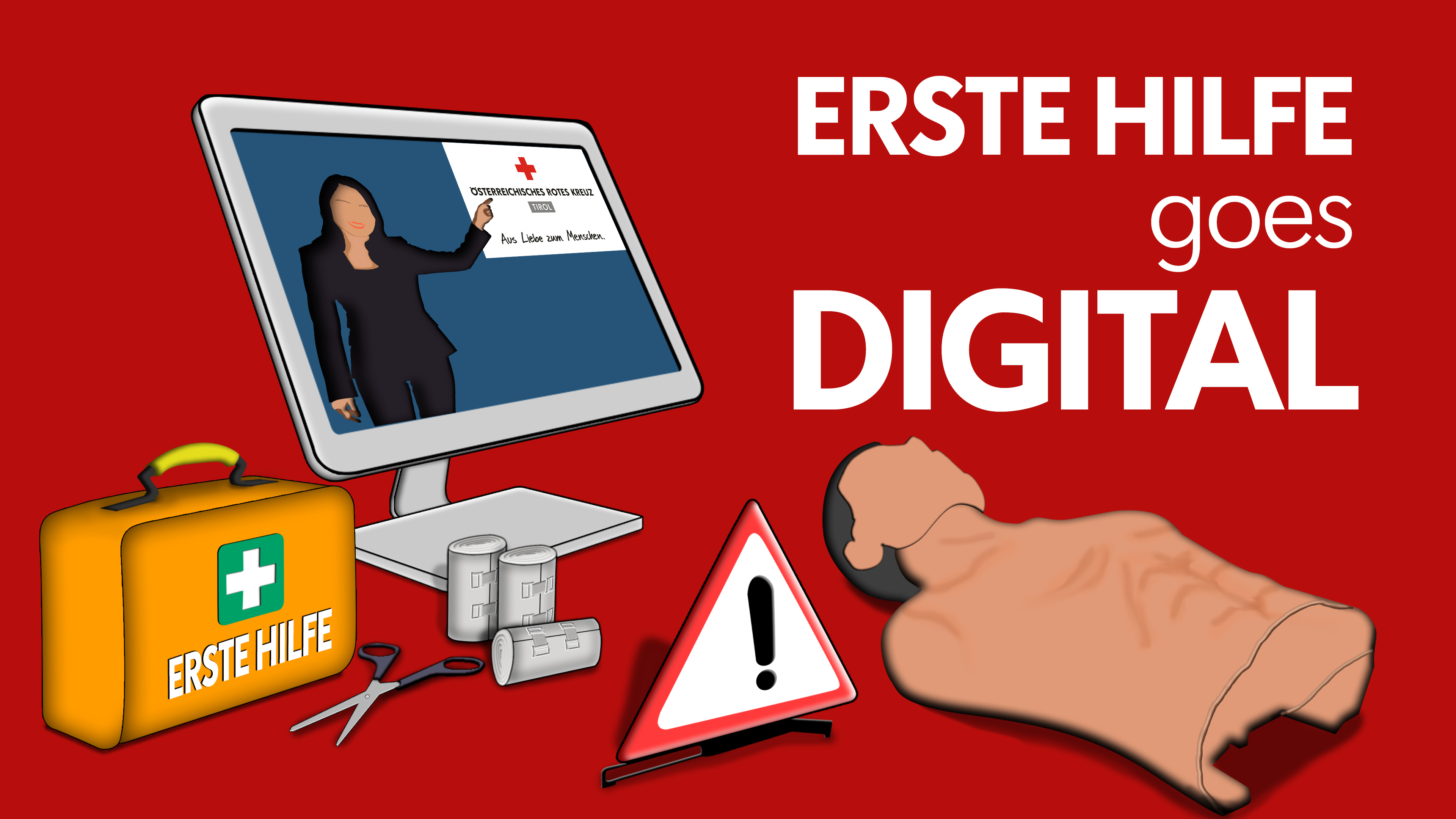 © Rotes Kreuz Schwaz / Julian Ringler Erste Hilfe goes digital - Erste Hilfe Material schematisch vor einem PC Bildschirm