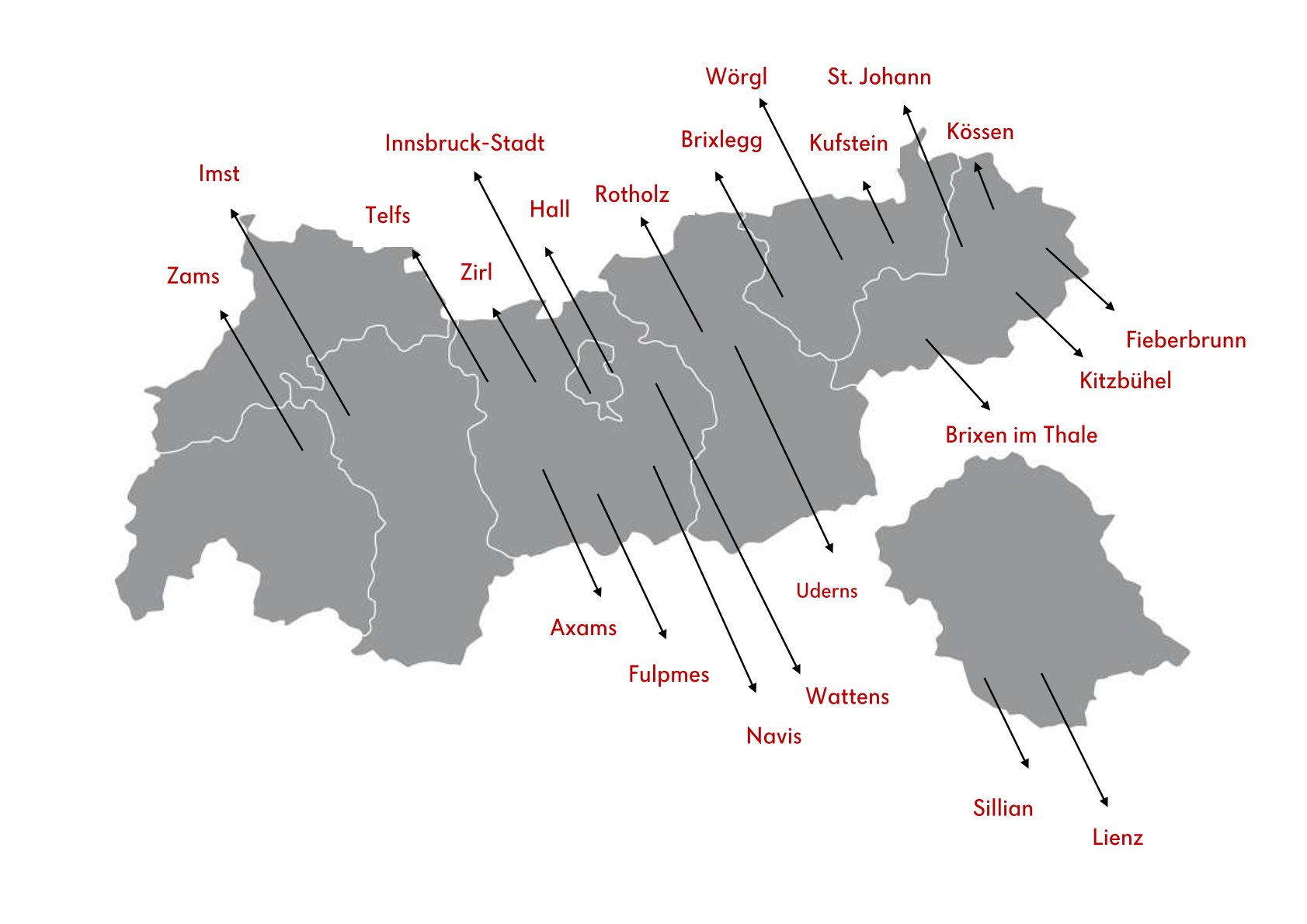 eine Grafik vom Bundesland Tirol, in der alle Team Österreich Tafeln in Tirol eingezeichnet sind