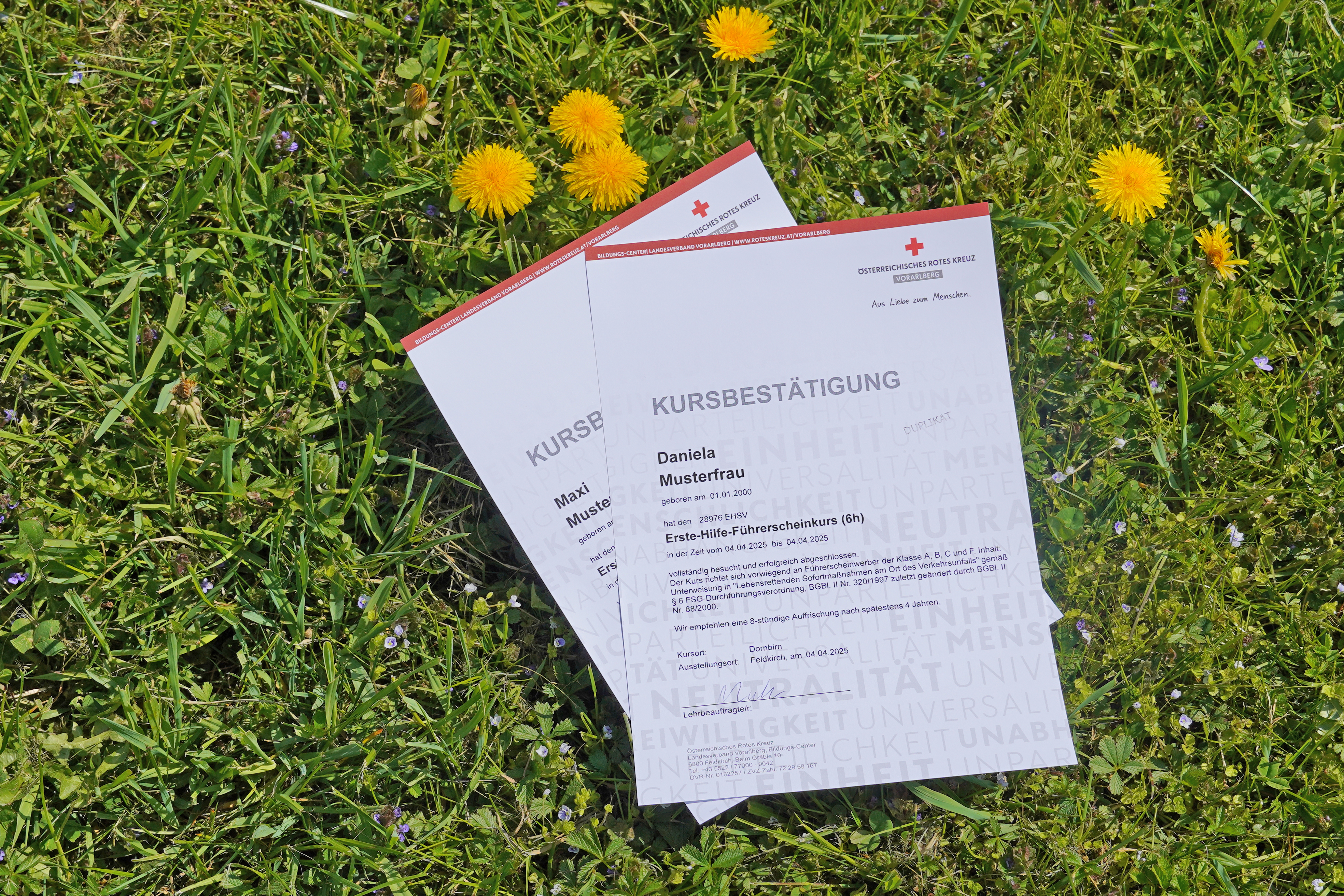 © Rotes Kreuz Vorarlberg Zwei Duplikate der Erste-Hilfe-Kursbestätigung